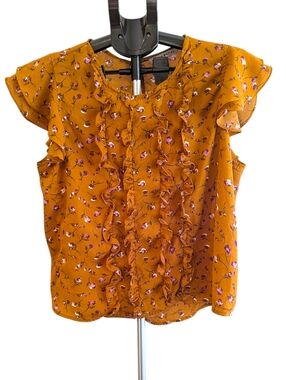 Boho Blouse Mustard Yellow Floral Ruffle Flutter Large Cottagecore Romantic Top